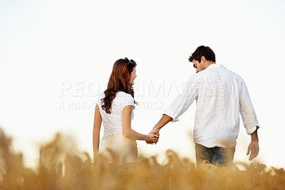 Buy stock photo Couple, holding hands and back with walking outdoor, partner and support with care in nature. People, marriage and romantic stroll in meadow for healthy relationship, bonding and together with space