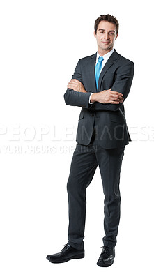 Buy stock photo Corporate, portrait and man in studio with crossed arms, financial career and investment advisor. Business, space and person with confidence, ambition and pride for finance job on white background