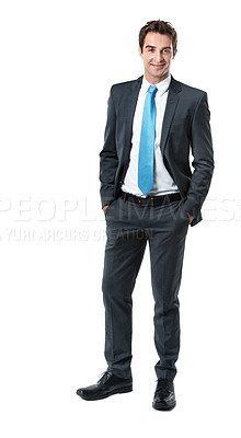 Buy stock photo Corporate, portrait and man in suit in studio for financial career, investment advisor and manager. Business, happy and person with confidence, ambition and pride for finance job on white background
