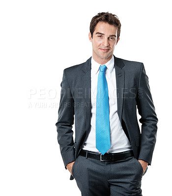 Buy stock photo Business, man and smile portrait in studio for legal aid, labor law rights or professional service. Space, lawyer or happy on white background for career integrity, about us pride or judicial justice