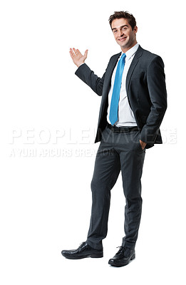 Buy stock photo Portrait, presentation and businessman with smile in studio, criminal attorney or welcome in meeting. White background, mockup space and happy person with hand gesture, legal advisor and introduction
