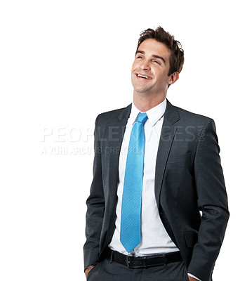 Buy stock photo Thinking, happy and man in studio with lawyer, planning and problem solving for court case. Mockup space, person and attorney with reflection, positive attitude and trial solution on white background