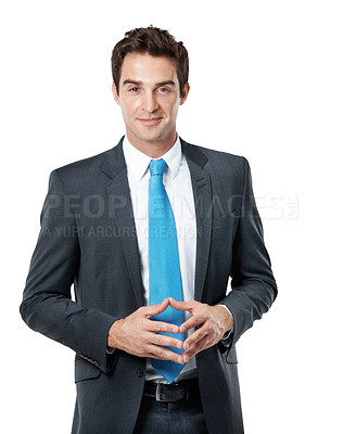 Buy stock photo Confidence, portrait and business man on a white background for finance career, investor or about us. Studio, corporate and person with ambition for investment consultant, opportunity or manager role