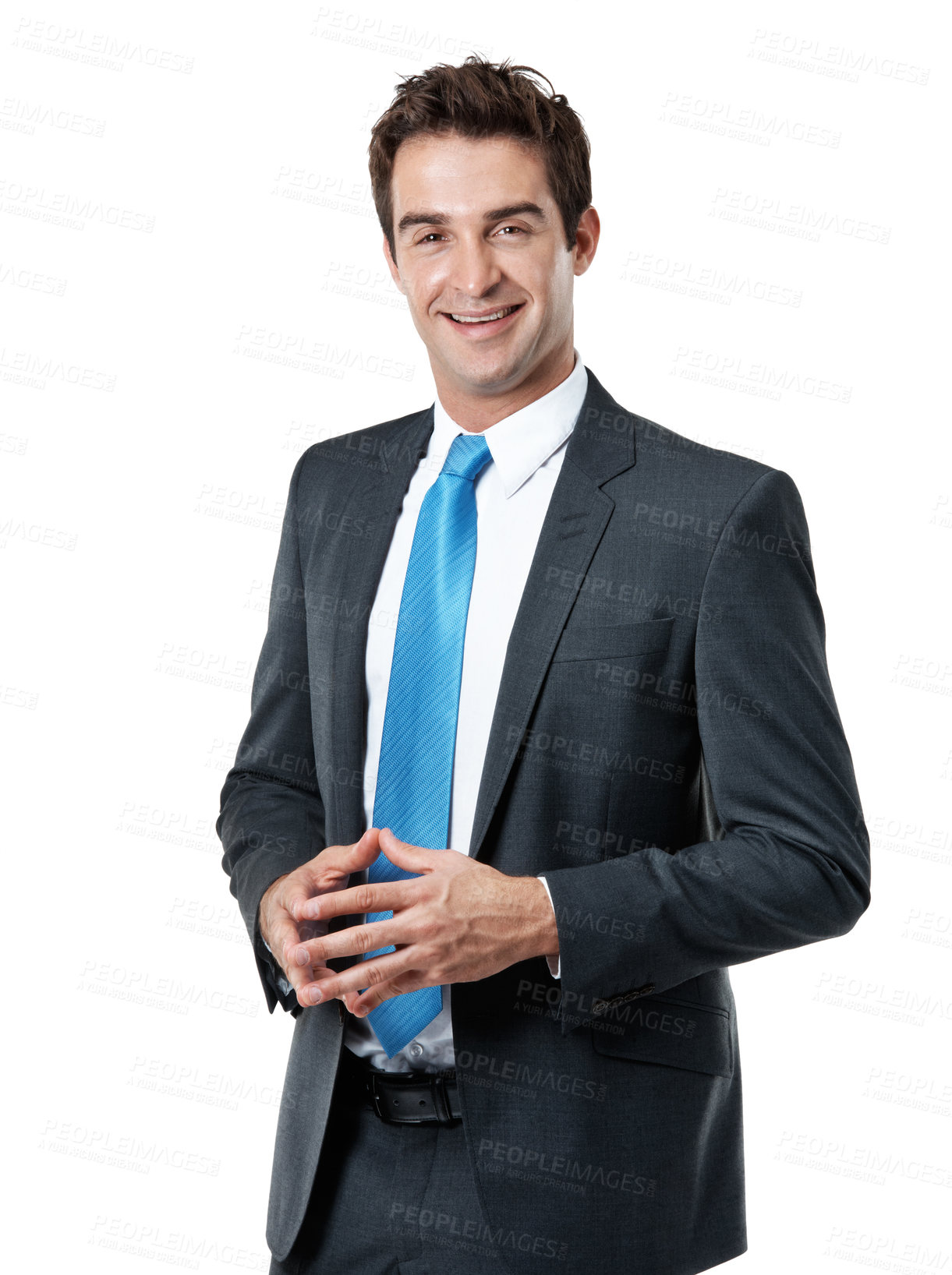 Buy stock photo Smile, portrait and business man on a white background for accounting career, investor and about us. Studio, corporate and person with confidence for investment consultant, ambition and management