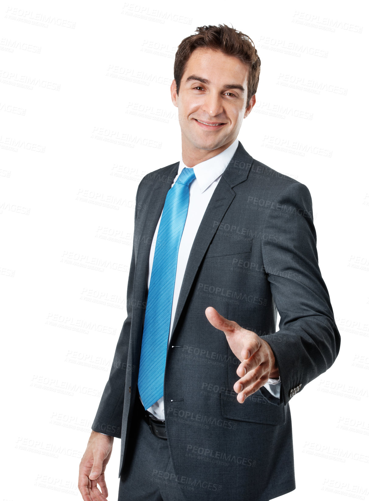 Buy stock photo Portrait, greeting and businessman with smile in studio, legal attorney or welcome client in meeting. Corporate, white background and happy person with hand gesture, law opportunity and introduction