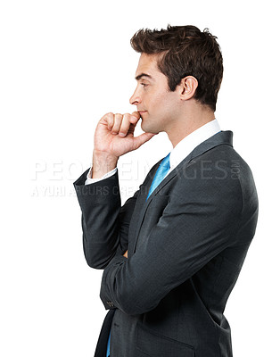 Buy stock photo Thinking, serious and man in studio with lawyer, planning and problem solving for court case. Profile, male person and attorney with reflection, perspective and solution for trial on white background