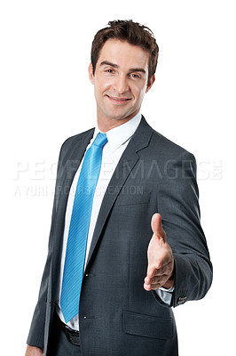 Buy stock photo Business, man and portrait with handshake in studio for hiring welcome, vacancy offer and agreement. Happy, HR manager and shaking hands on white background for recruiting, onboarding or POV greeting