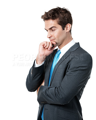 Buy stock photo Serious, man and lawyer in studio with vision, planning and problem solving for court case. Space, male person and attorney with reflection, positive attitude and trial solution on white background