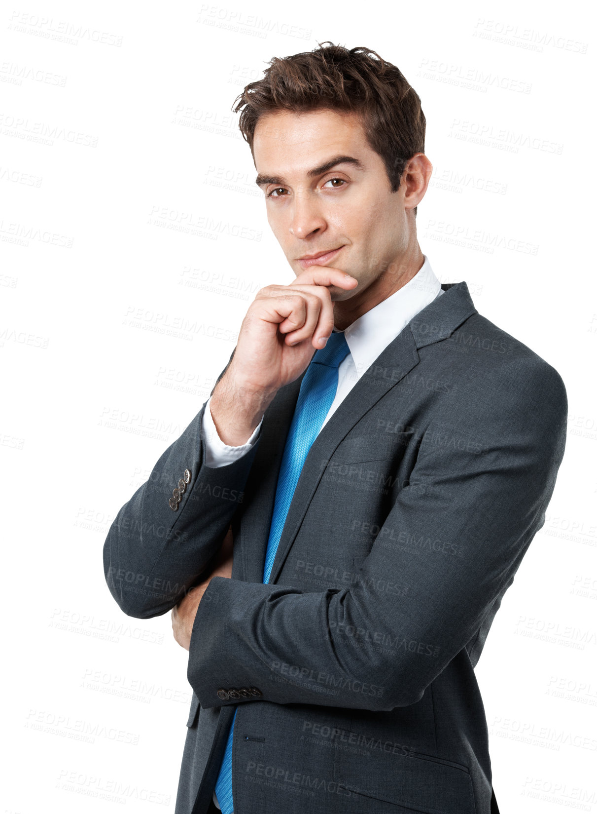 Buy stock photo Thinking, man and lawyer in studio with portrait, planning and problem solving for court case. Thoughts, person and attorney with reflection, positive attitude and trial solution on white background
