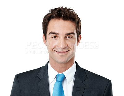 Buy stock photo Lawyer, man and happy portrait in studio for legal aid, professional service or case management. Attorney, employee and smile on white background for career integrity, about us and judicial justice