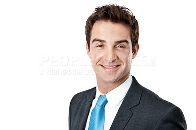 Buy stock photo Lawyer, man and smile portrait in studio for legal aid, professional service or case management. Attorney, employee and happy on white background for career integrity, about us pride and mockup space