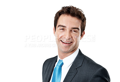Buy stock photo Business, man and happy portrait in studio for legal advice, litigation management or mockup space. Lawyer, employee and smile on white background for career integrity, about us and judicial justice