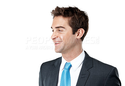 Buy stock photo Thinking, man and lawyer in studio with smile, planning and problem solving for court case. Mockup space, person and attorney with reflection, positive attitude and trial solution on white background