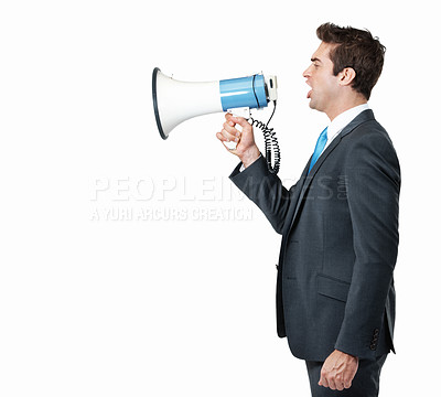 Buy stock photo Business man, megaphone and communication in studio for voice, loud feedback and attention to information. Professional person, bullhorn and announement with speech or news on white background space