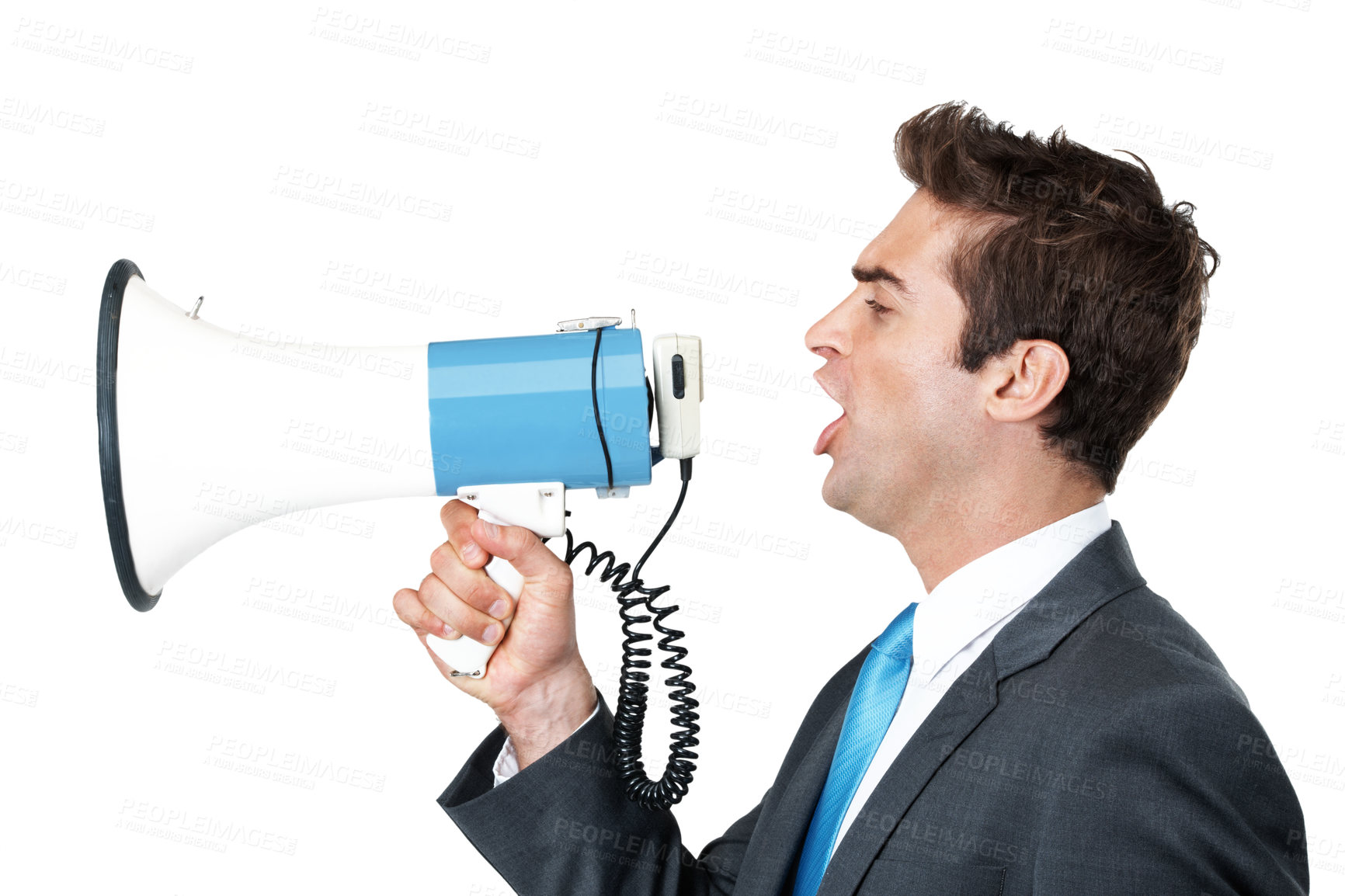 Buy stock photo Business man, megaphone and news in studio for voice, loud feedback and attention to information. Male professional person, bullhorn and communication with speech or announcement on white background