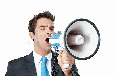 Buy stock photo Business man, megaphone and announcement in studio for voice, loud feedback and attention to information. Male professional person, bullhorn and communication with speech or news on white background
