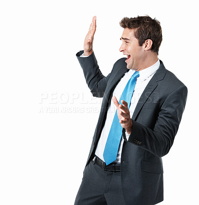 Buy stock photo Scared, business and man in studio with scream, danger and survival instinct for safety. Mockup space, male person and employee with terror, unexpected fright and ptsd flashback on white background