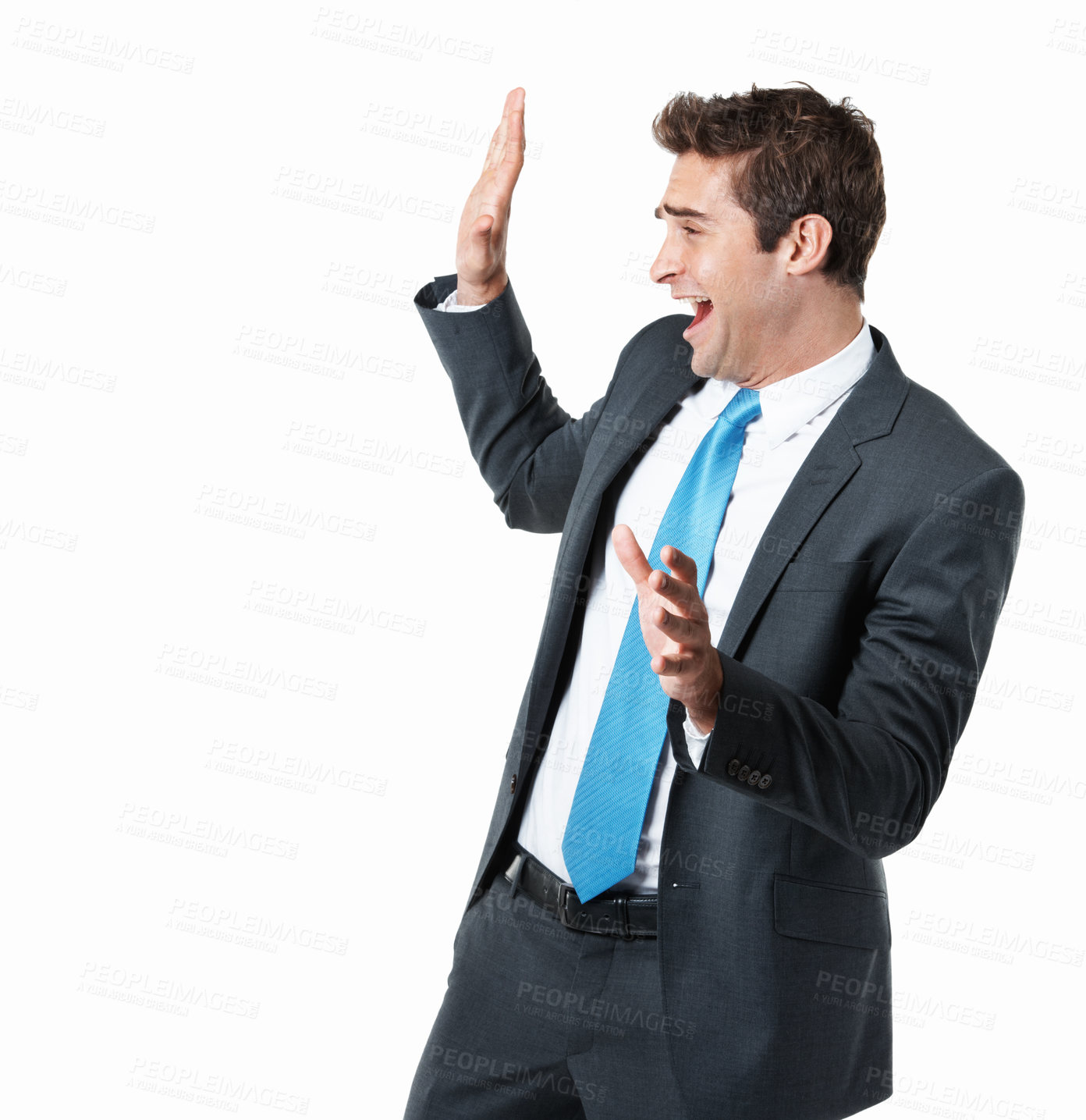 Buy stock photo Scared, business and man in studio with scream, danger and survival instinct for safety. Mockup space, male person and employee with terror, unexpected fright and ptsd flashback on white background