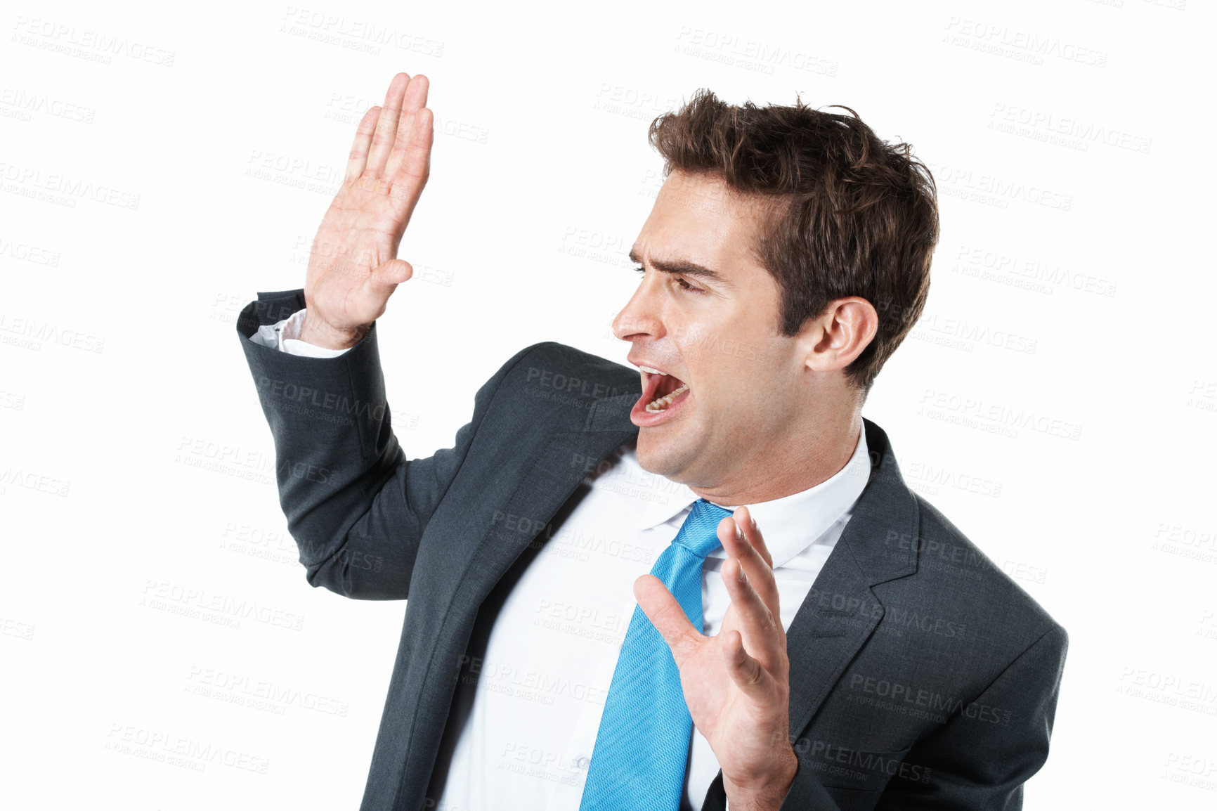 Buy stock photo Scared, business and man in studio with terror, danger reaction and survival instinct for safety. Fear, person and scream for unexpected fright, horror suspense and ptsd flashback on white background