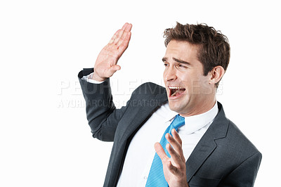 Buy stock photo Scared, business and man in studio with fear, danger reaction and survival instinct for safety. Terror, person and scream for unexpected fright, horror suspense and ptsd flashback on white background