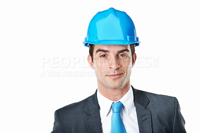 Buy stock photo Business, man and portrait in studio for architecture, corporate contractor or confident executive. Engineer, construction or property development with professional, helmet and white background 