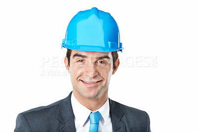 Buy stock photo Business, happy man and portrait in studio for architecture, corporate contractor or executive in hardhat. Engineer, construction or property development space with helmet on white background 