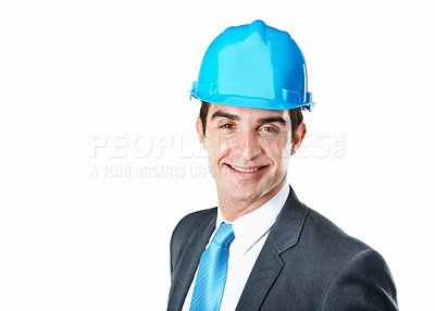 Buy stock photo Businessman, happy and portrait in studio for architecture, corporate contractor or executive in hardhat. Engineer smile, construction or property development space with helmet on white background 