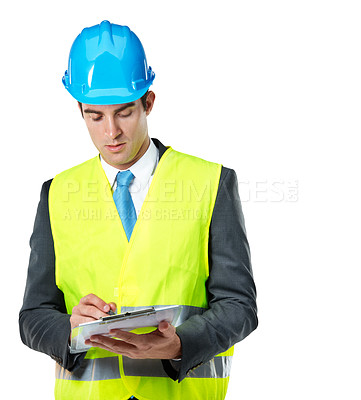 Buy stock photo Man, clipboard and writing in studio with architecture, corporate contractor and checklist for inspection. Male engineer, construction or quality assurance with notes and helmet on white background 