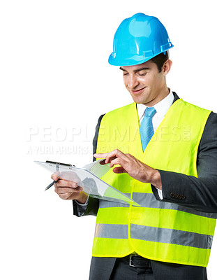 Buy stock photo Man, clipboard or paperwork in studio with architecture, corporate contractor and checklist for inspection. Happy engineer, construction or quality assurance with notes in helmet on white background 