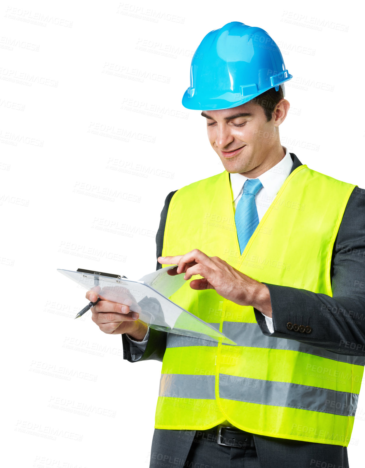 Buy stock photo Man, clipboard or paperwork in studio with architecture, corporate contractor and checklist for inspection. Happy engineer, construction or quality assurance with notes in helmet on white background 