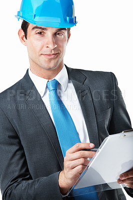 Buy stock photo Civil engineer, man and portrait with clipboard in studio for inspection, safety audit or reporting. Professional, inspector and checklist on white background for quality control, compliance or notes