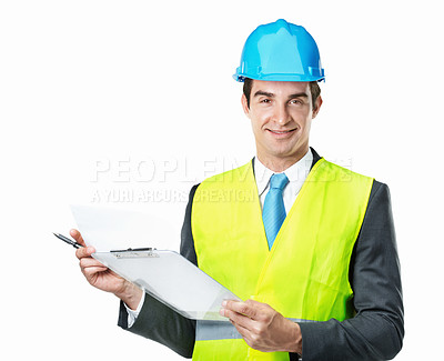 Buy stock photo Businessman, clipboard and portrait for architecture in studio, corporate contractor and checklist for inspection. Happy engineer, quality assurance and paperwork with helmet on white background 