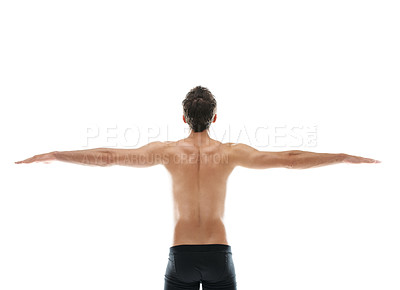 Buy stock photo Back, topless and man in studio with open arms, physique and wellness for fitness progress. Space, stretching and person with muscles, healthy body and strong posture for exercise on white background
