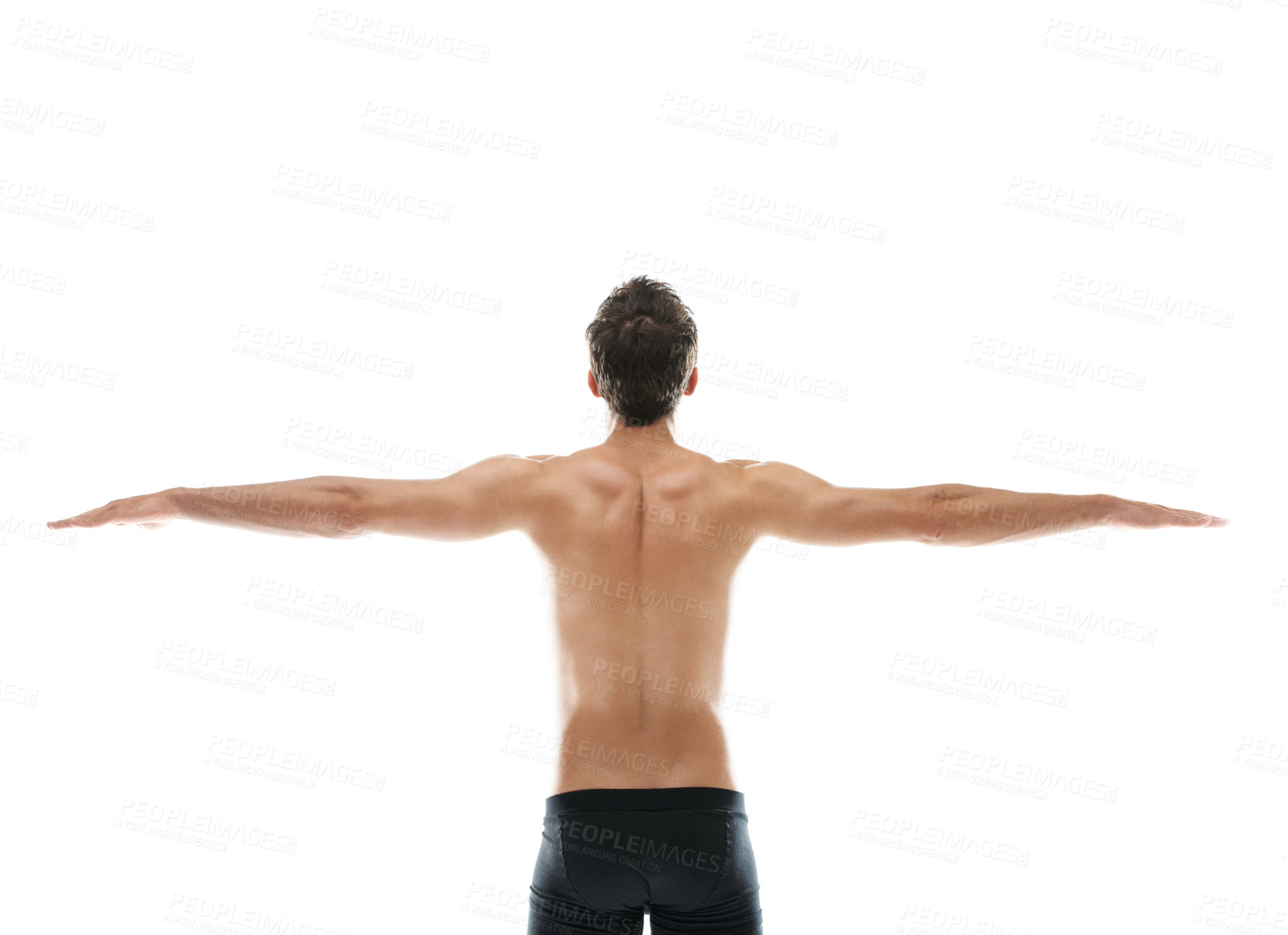 Buy stock photo Back, topless and man in studio with open arms, physique and wellness for fitness progress. Space, stretching and person with muscles, healthy body and strong posture for exercise on white background