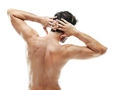Buy stock photo Muscle, flex and back of man in studio and topless for fitness, bodybuilder progress and health. Wellness, strong athlete and exercise with shirtless male person on white background for self care