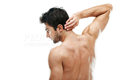 Buy stock photo Stretching, back and muscle with man in studio topless for fitness, workout result or exercise space. Bodybuilder progress, wellness and training with shirtless person on white background for warm up