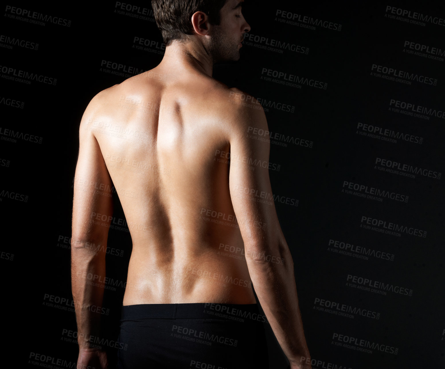 Buy stock photo Back, body and man in studio with muscles, physique and wellness for fitness progress or results. Space, spine and person with skin texture, health and strong posture for exercise on dark background