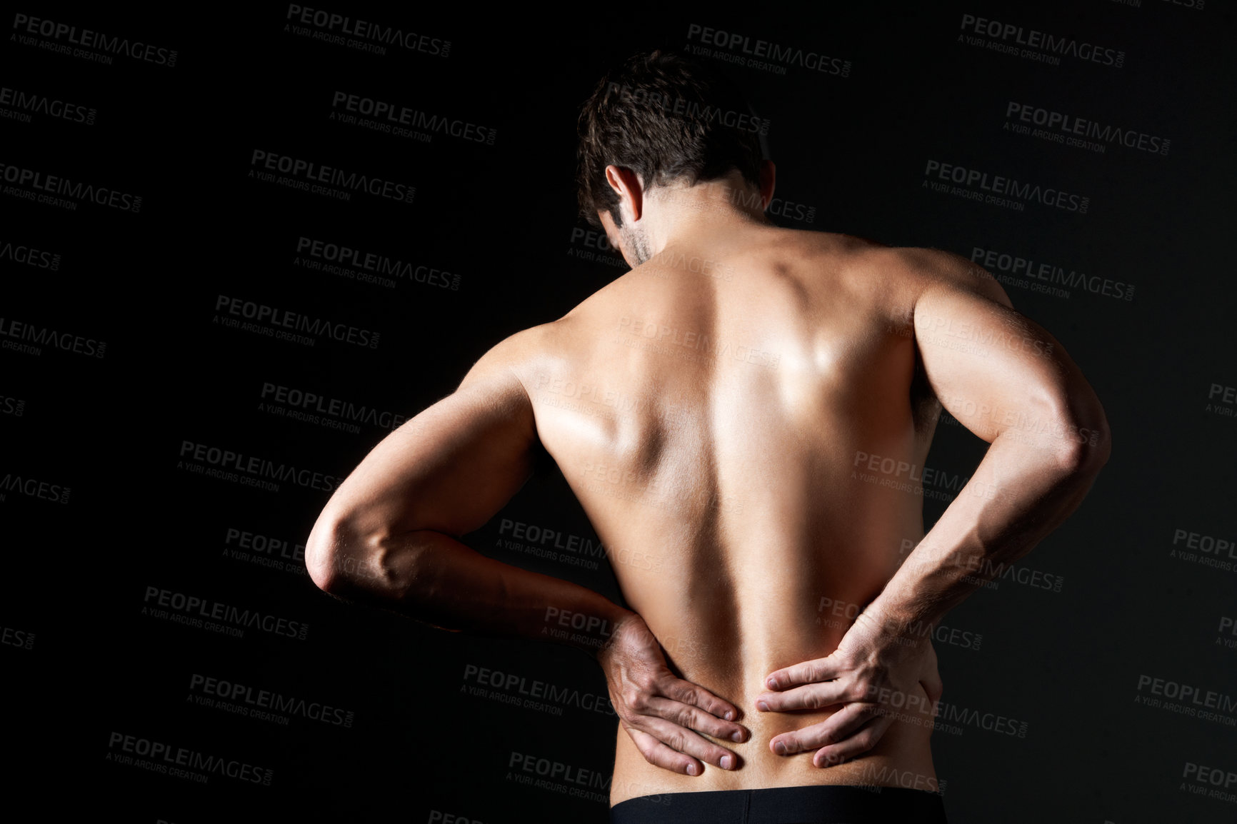Buy stock photo Shirtless, fitness and man in studio with back pain, inflammation or injury for exercise. Sports, space and male person for workout with muscle sprain, accident or joint ache by black background.