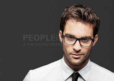Buy stock photo Business man, portrait and glasses in studio space for career pride, development and HR consultant. Spectacles, talent recruiter and professional ambition with opportunity for growth on background