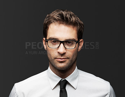 Buy stock photo Business man, portrait and glasses in studio for career pride, development and HR consultant on background. Spectacles, serious talent recruiter and professional ambition with opportunity for growth
