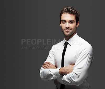 Buy stock photo Portrait, space and business man in studio for arms crossed, stock broker and trader confidence. Career, account manager and professional with person on gray background for investor and pride