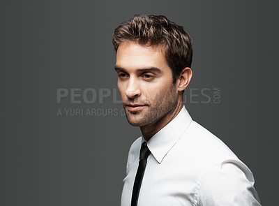 Buy stock photo Vision, space and business man in studio for reflection, stock broker and trader confidence. Thinking, account manager and professional with person on gray background for idea, investor and pride