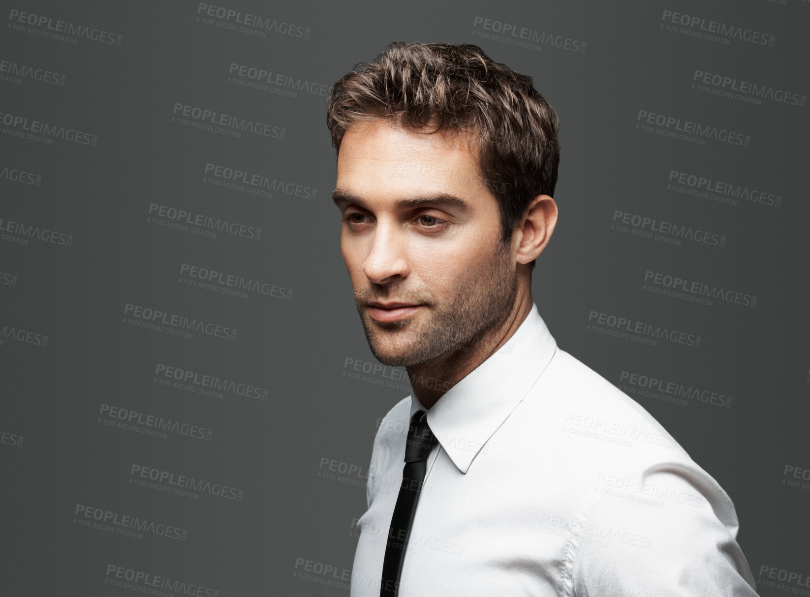 Buy stock photo Vision, space and business man in studio for reflection, stock broker and trader confidence. Thinking, account manager and professional with person on gray background for idea, investor and pride