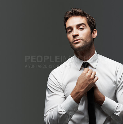 Buy stock photo Portrait, tie and space with business man in studio for expert, stock broker and trader confidence. Career, account manager and professional with person on gray background for investor and pride
