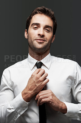 Buy stock photo Portrait, tie and happy with business man in studio for expert, stock broker and trader confidence. Career, account manager and professional with person on gray background for investor and pride