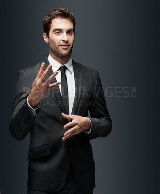 Buy stock photo Business man, portrait and four fingers in studio for investment opportunity, offer or broker with number. Hand, counting or show with corporate person for financial growth, feedback and background
