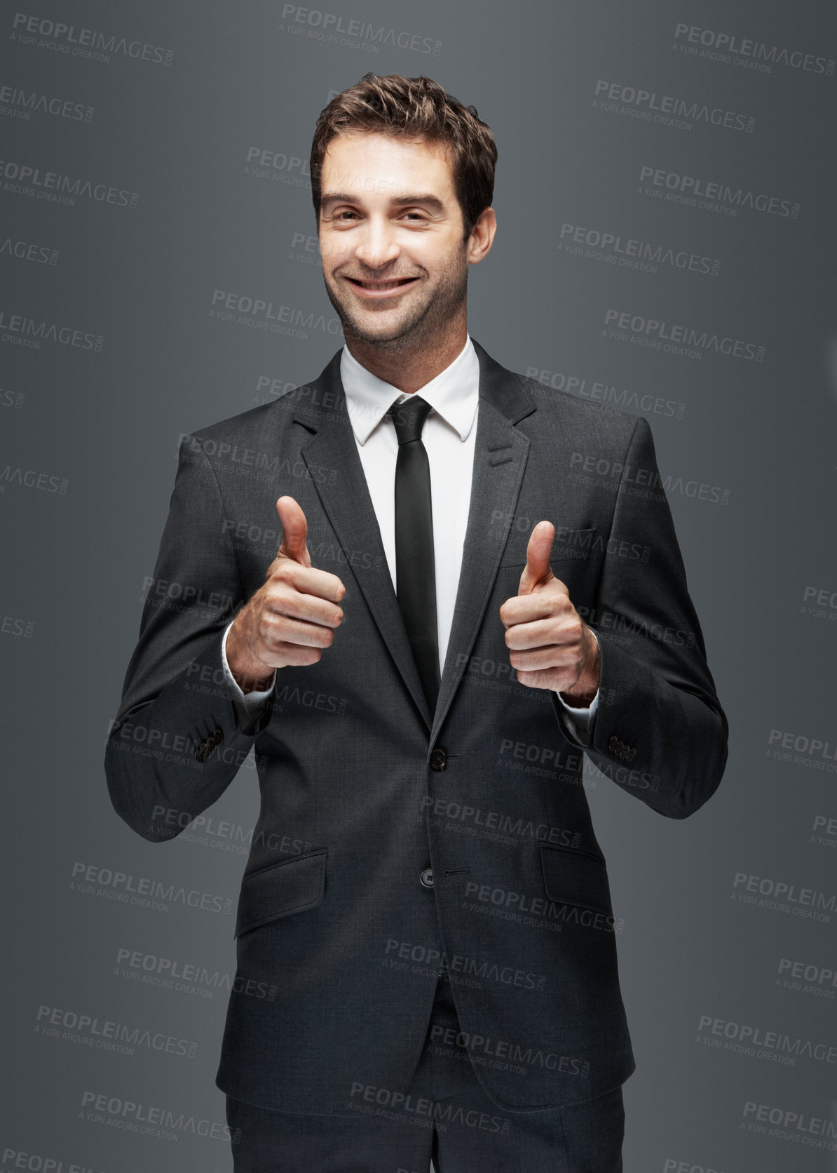 Buy stock photo Thumbs up, success and portrait of  business man in studio for approval, smile and feedback. Like, yes sign and agreement with employee on gray background for vote, symbol and job promotion icon