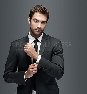 Buy stock photo Smile, broker and portrait of business man in studio for about us, corporate and financial advisor. Portfolio manager, professional and confidence with male employee on gray background for pride