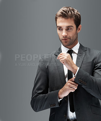 Buy stock photo Space, professional and thinking business man in studio for vision, corporate and financial advisor. Portfolio manager, broker and confidence with male employee on gray background for reflection