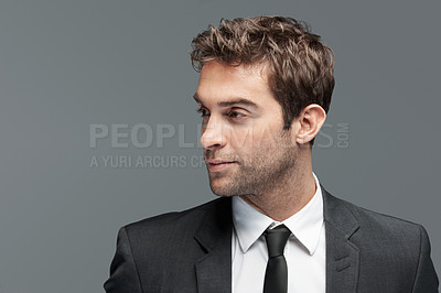 Buy stock photo Thinking, space and business man in studio for reflection, stock broker and trader confidence. Vision, account manager and professional with person on gray background for idea, investor and pride